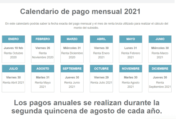 Calendario de pago mensual BTM