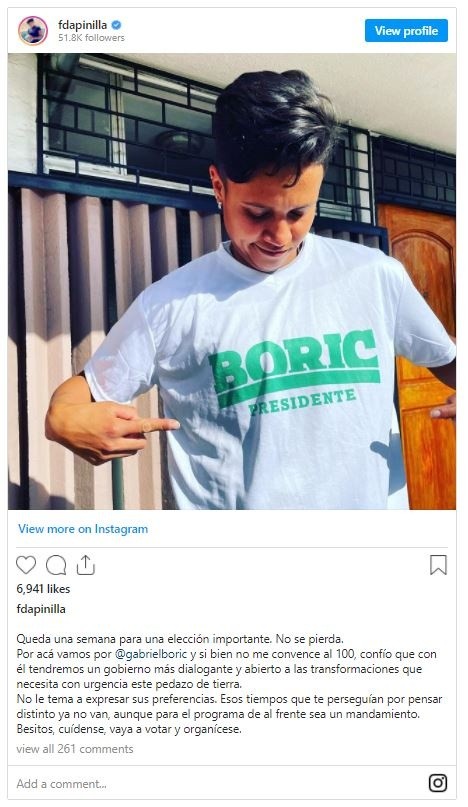 Pinilla anuncia que votará por Gabriel Boric (Instagram)
