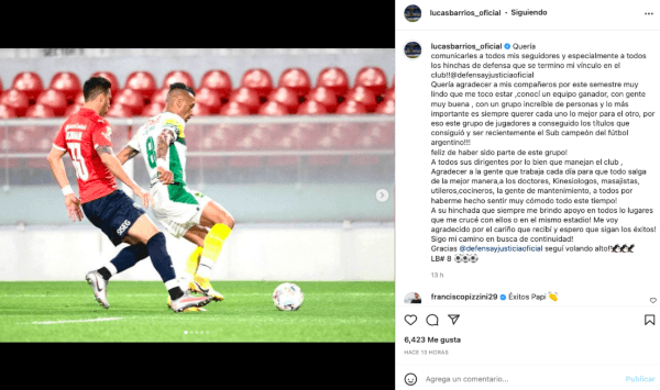 La despedida de Lucas Barrios de Defensa y Justicia.