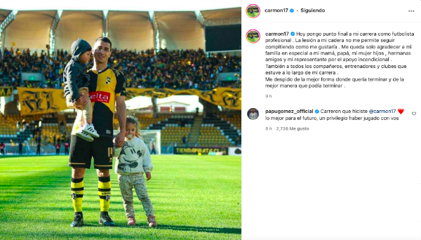 Carmona anunció en sus redes sociales que se retira del fútbol producto de una rebelde lesión en su cadera. (Foto: Captura)