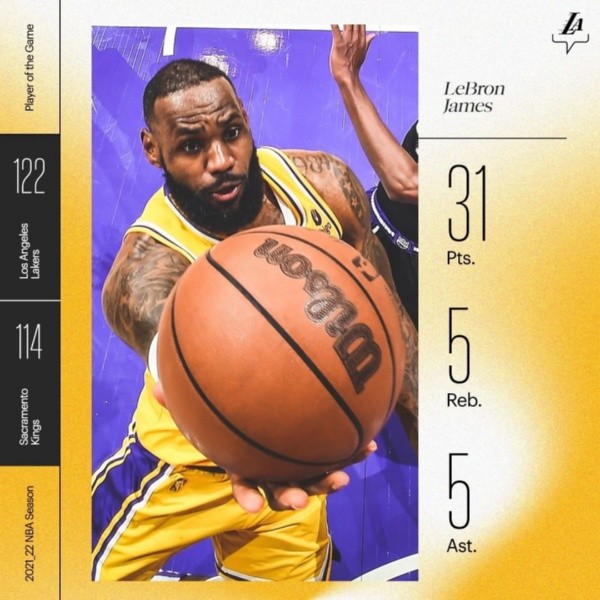 Las cifras de LeBron James en el último juego. Imagen: Los Angeles Lakers.