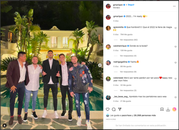 Foto compartida por Guillermo Maripán en la que se ve junto a un grupo de amigos entre los que está Luis Mateucci, misma instancia en la que aparentemente se acercó a Aylén Milla.