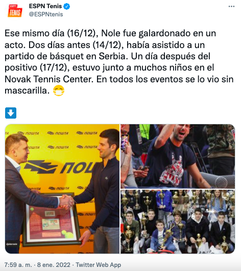 El recorrido de Djokovic antes y el mismo día que resulto positivo a coronavirus. (Foto: Captura Twitter ESPN)