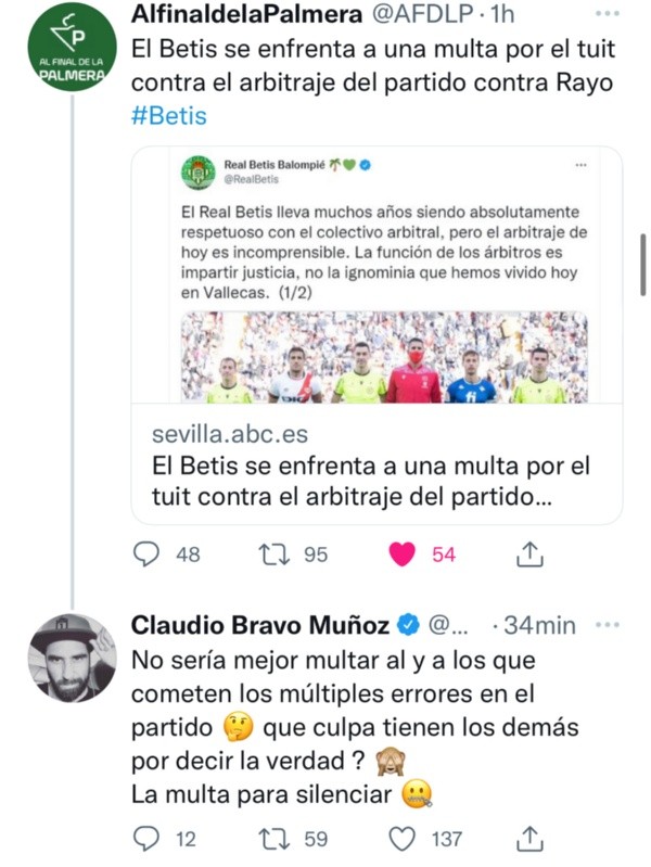 El histórico arquero y capitán de La Roja dejó más que clara su molestia por el arbitraje en La Liga de España. (Foto: Captura Twitter)