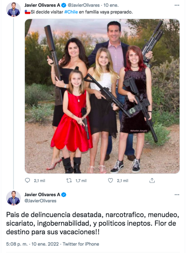 JavierOlivares tilda a Chile como un “país de delincuencia desatada”.