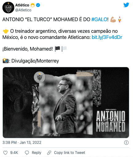 Atlético Mineiro comunicó a través de su cuenta de Twitter la llegada de Antonio Mohamed como nuevo entrenador. (Foto: Captura Twitter)