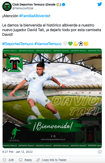 El Pije informó en sus redes sociales el fichaje de David Tati para 2022. (foto: Captura Twitter)