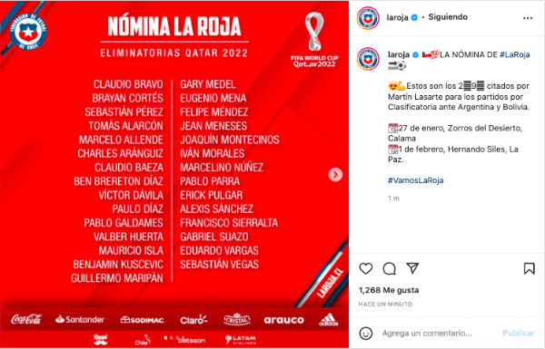 La Roja compartió a través de sus redes sociales la nómina de jugadores para la doble fecha de Eliminatorias y faltaron varios nombres. (Foto: Captura Instagram)