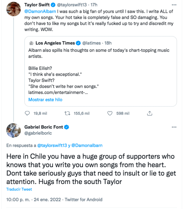 Gabriel Boric cierra filas con Taylor Swift ante polémica con Damon Albarn.(2)