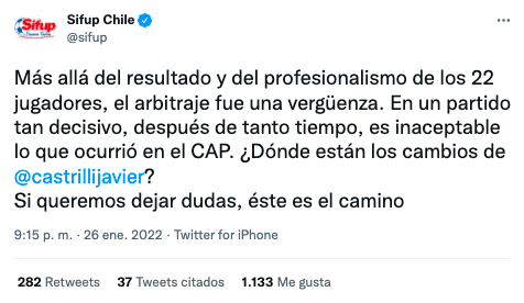 El polémico mensaje que envió el Sindicato de Futbolistas Profesionales a Javier Castrilli tras la polémica definición entre Huachipato y Copiapó. (Foto: Captura Twitter Sifup)