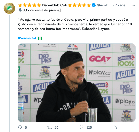 Sebastián Leyton tuvo su primera conferencia de prensa como jugador del Deportivo Cali de Rafael Dudamel, actual campeón del fútbol colombiano. (Foto: Captura Twitter Deportivo Cali)