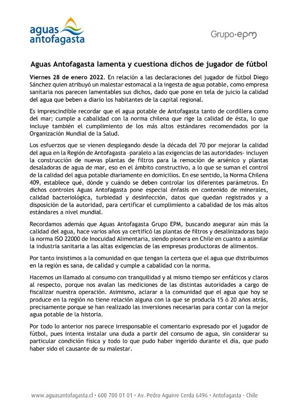 La empresa Aguas Antofagasta salió al paso con potente comunicado.