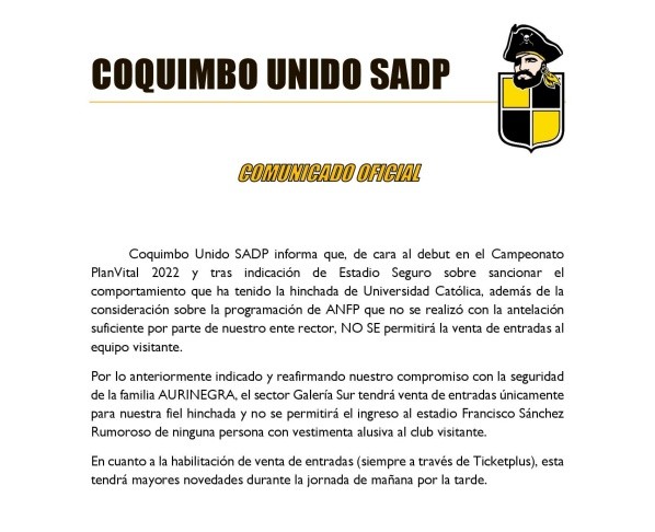 El comunicado de Coquimbo Unido.