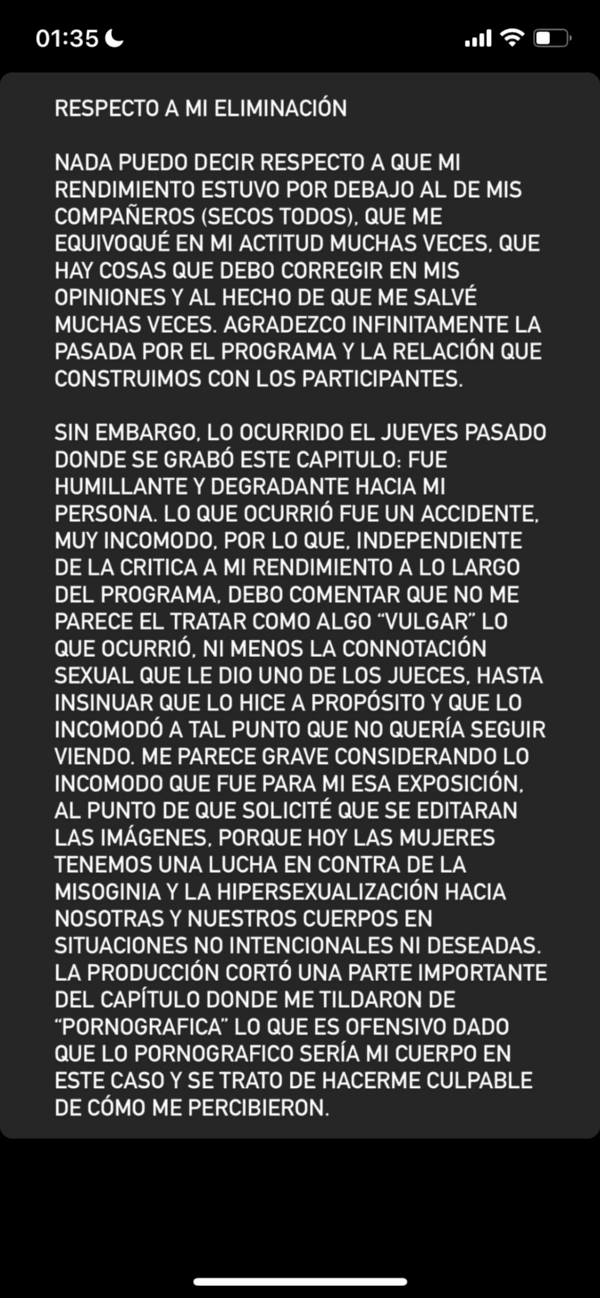 Yasmín Valdés publica furioso desahogo tras eliminación de Aquí se Baila.(1)
