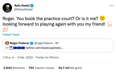 “Roger, ¿Tú agendaste la cancha de entrenamiento? ¿O tengo que hacerlo yo? ¡Estoy deseando volver a jugar contigo, amigo mío!”, escribió Nadal a Federer. (Captura Twitter)
