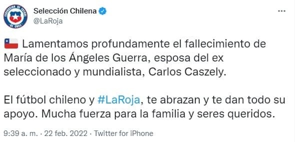 La selección chilena, Colo Colo, el Sifup y un sinfín de personalidades del mundo del fútbol se sumaron a las condolencias para el histórico Carlos Humberto Caszely Garrido. (foto: Captura Twitter)