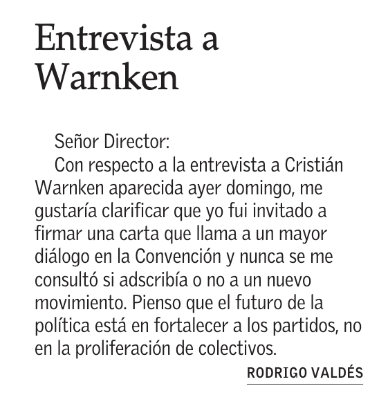 El Mercurio: Carta al Director de Rodrigo Valdés