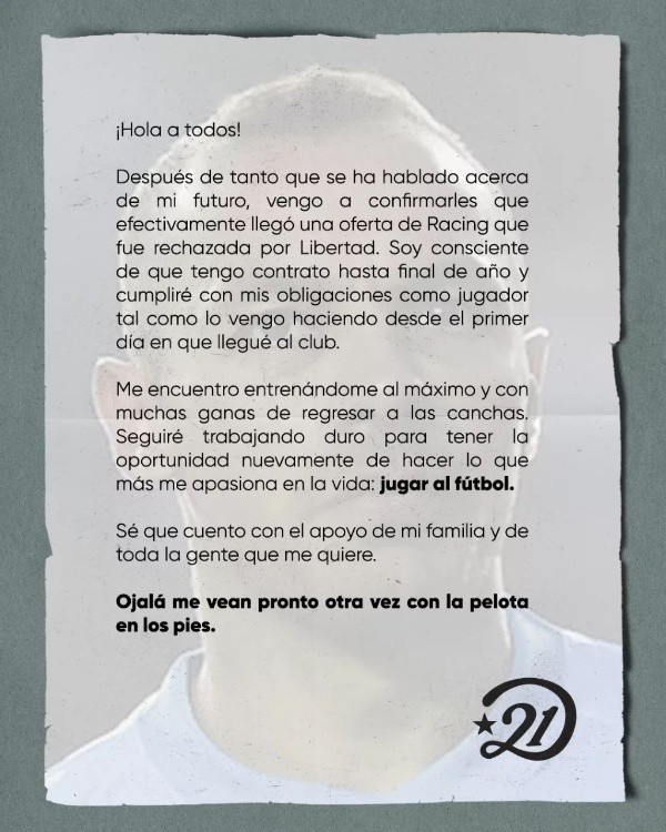 La carta de Marcelo Díaz aclarando su futuro.