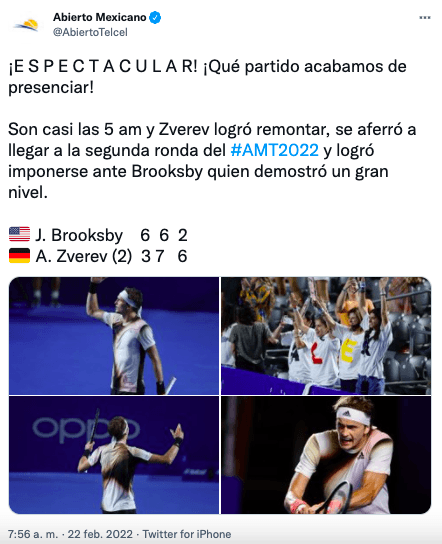 Antes de su polémico espectáculo, Zverev dio una tremenda demostración de su gran tenis venciendo al estadounidense Brooksby en un partido que duró hasta las 5 de la mañana. (Foto: @AbiertoTelcel)