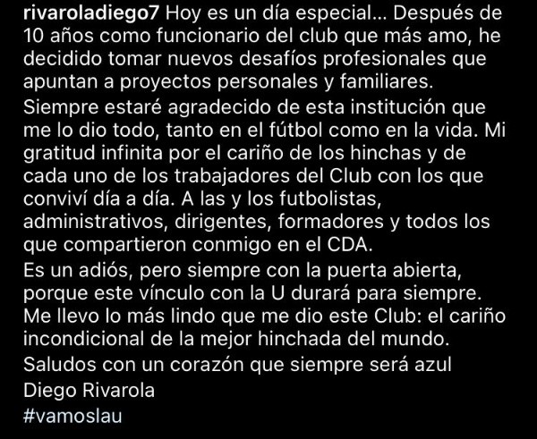 El mensaje publicado por Diego Rivarola desde Mendoza