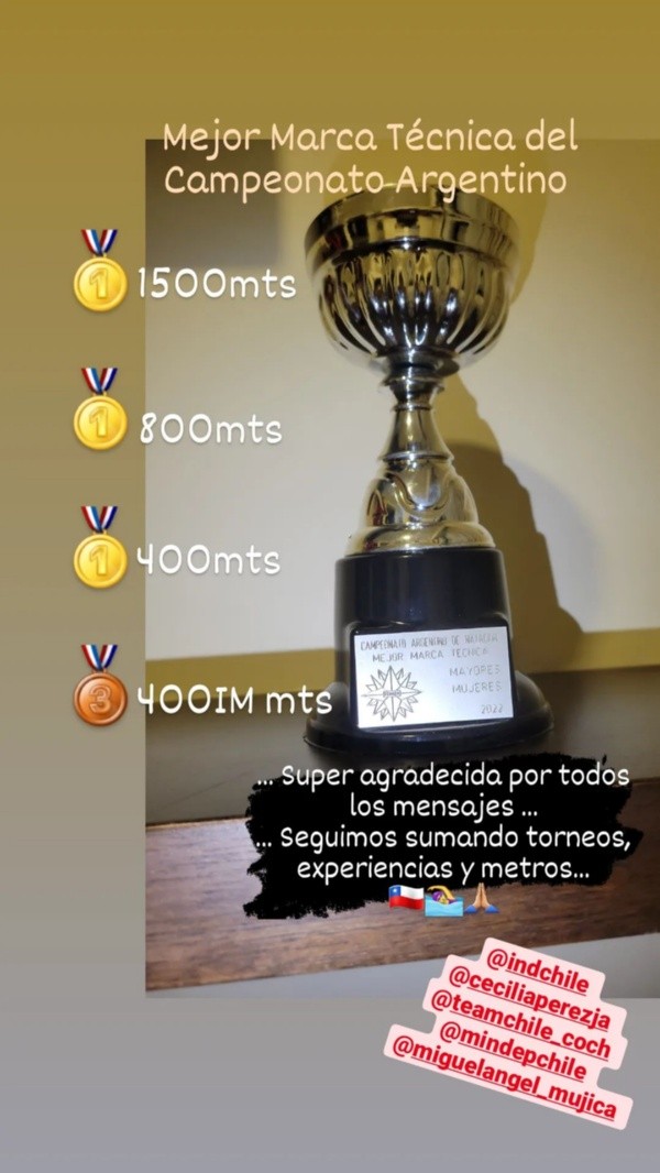 Kristel Köbrich compartió en sus historias de Instagram sus logros en este campeonato.