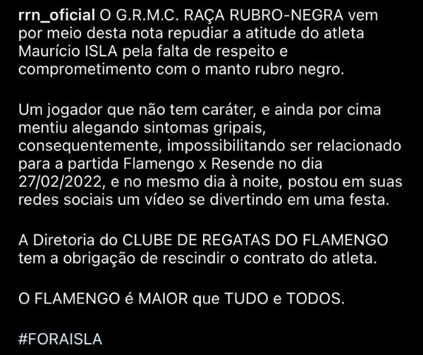Uno de los mensajes publicados por las barras del Flamengo