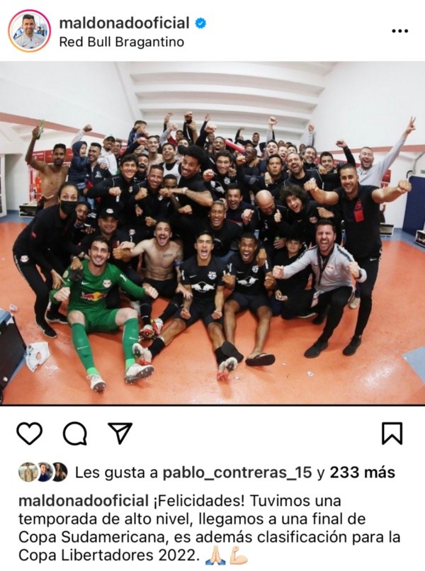 Claudio Maldonado festeja los logros del Red Bull Bragantino en el fútbol brasileño a través de sus redes sociales. (Foto: Captura)