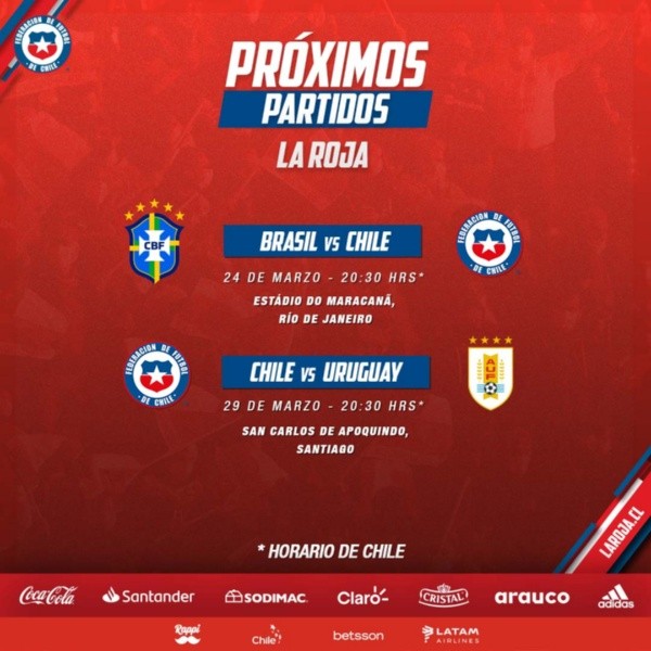 Así quedó la programación oficial de La Roja para sus últimos dos partidos en las Eliminatorias Sudamericanas rumbo a Qatar 2022. (Foto: Federación de Fútbol de Chile)