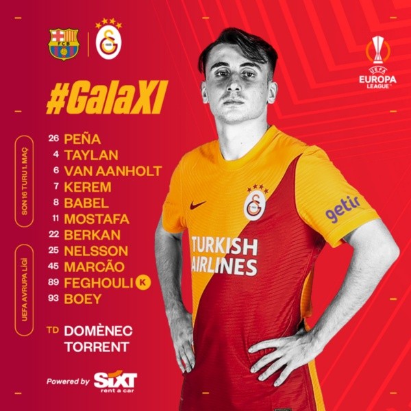 La formación del Galatasaray ante el Barcelona. Erick Pulgar va a la banca.