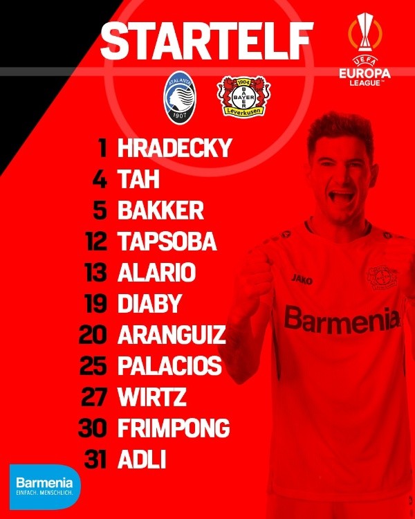 La formación del Bayer Leverkusen ante el Atalanta. Charles Aránguiz estará desde el arranque.