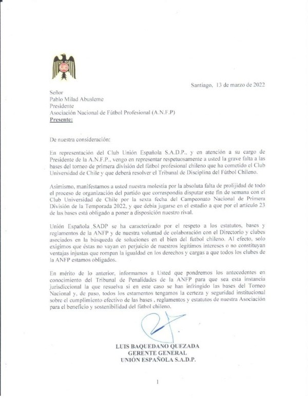 La carta firmada por el gerente hispano Luis Baquedano (Fuente: Unión Española)