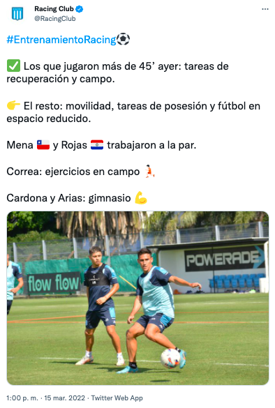 Racing indicó en sus redes sociales que Eugenio Mena dejó atrás su lesión, pero igualmente no fue considerado por Martín Lasarte para los dos últimos partidos de La Roja en las Eliminatorias a Qatar 2022. (Foto: Racing Club)