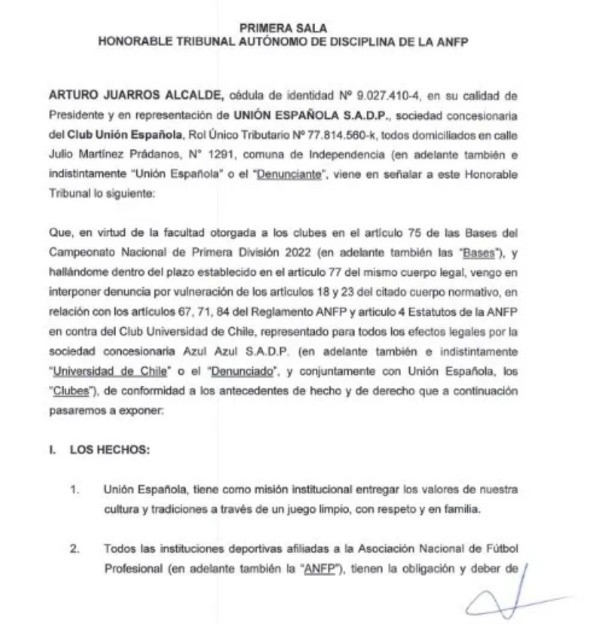 La carta de Unión Española al Tribunal de Disciplina (Fuente: La Hora)