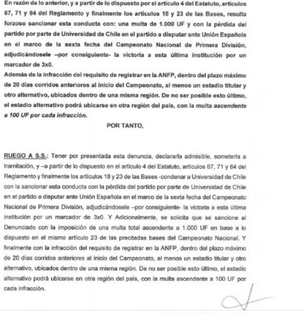 La parte del escrito donde Unión pide formalmente los puntos (Fuente: La Hora)