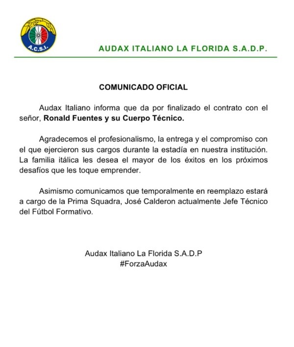Audax Italiano confirmó la salida de Ronald Fuentes.