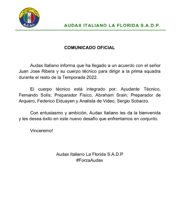 El comunicado de Audax Italiano para confirmar al Coto Ribera.