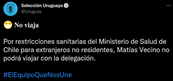 El comunicado de Uruguay por la situación de Matías Vecino.