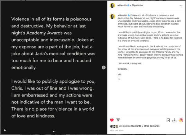 Will Smith pide disculpas tras cachetada a Chris Rock.(Foto: Instagram)