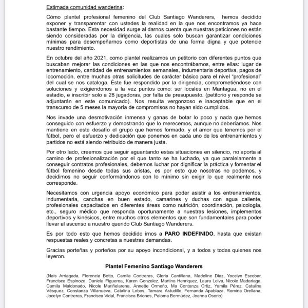 El comunicado de las jugadoras de SW. (Foto: Awante.cl)