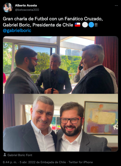 Gabriel Boric tuvo un emotivo encuentro con Alberto Acosta y Néstor Gorosito. (Foto: Twitter Alberto Acosta)