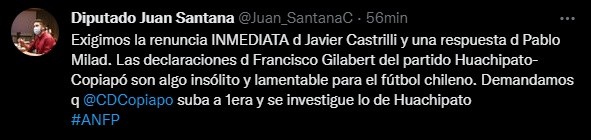 La reacción del diputado Santana tras nueva polémica en la crisis arbitral del fútbol chileno.
