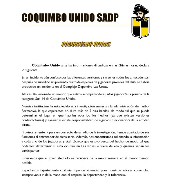 El comunicado de Coquimbo Unido.