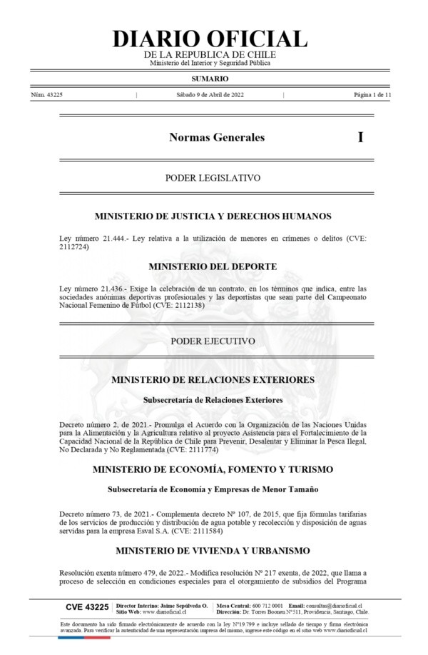 La ley Nº21.436 fue promulgada este fin de semana. (Foto: Diario Oficial)