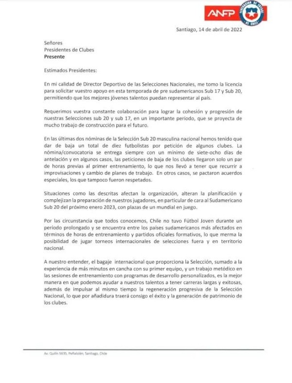 La carta de Cagigao publicada en La Tercera