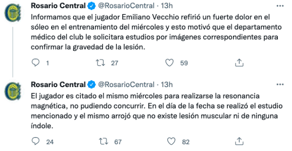 Rosario Central explica la situación de Emiliano Vecchio. (Foto: @RosarioCentral)
