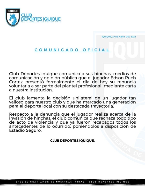 El comunicado de Deportes Iquique sobre Edson Puch.