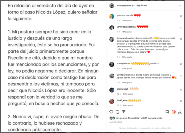 Loreto Aravena habla sobre el caso Nicolás López.(Foto: Instagram)
