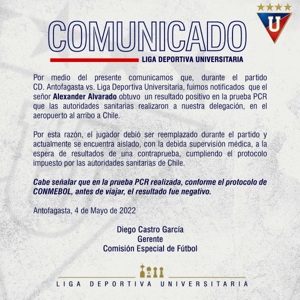 El comunicado de la Liga de Quito por el Covid positivo frente a Antofagasta.