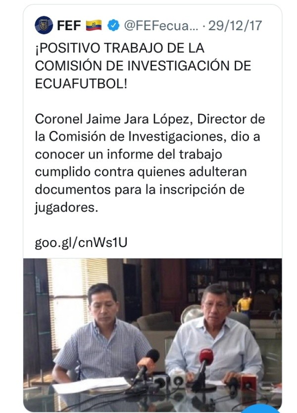 El Twitter de la FEF felicitando a Jaime Jara López