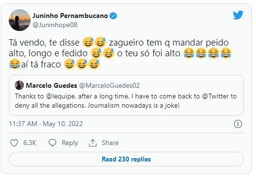 Juninho Pernambucano se lo toma con humor en Twitter